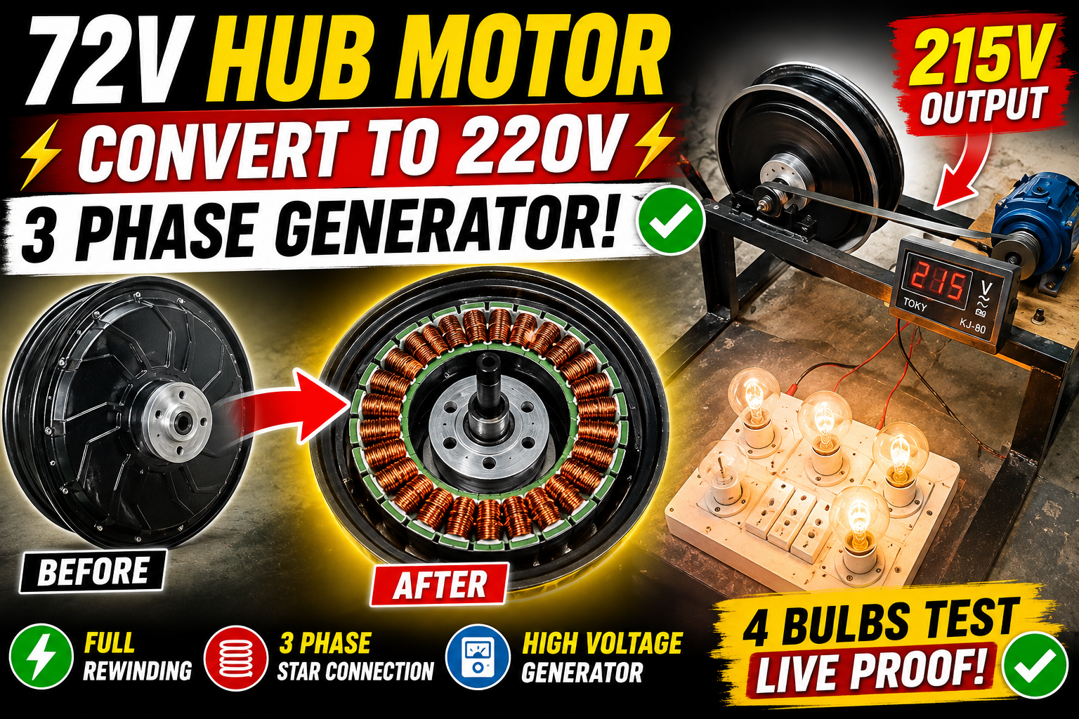 72V Hub Motor to 220V Generator Conversion