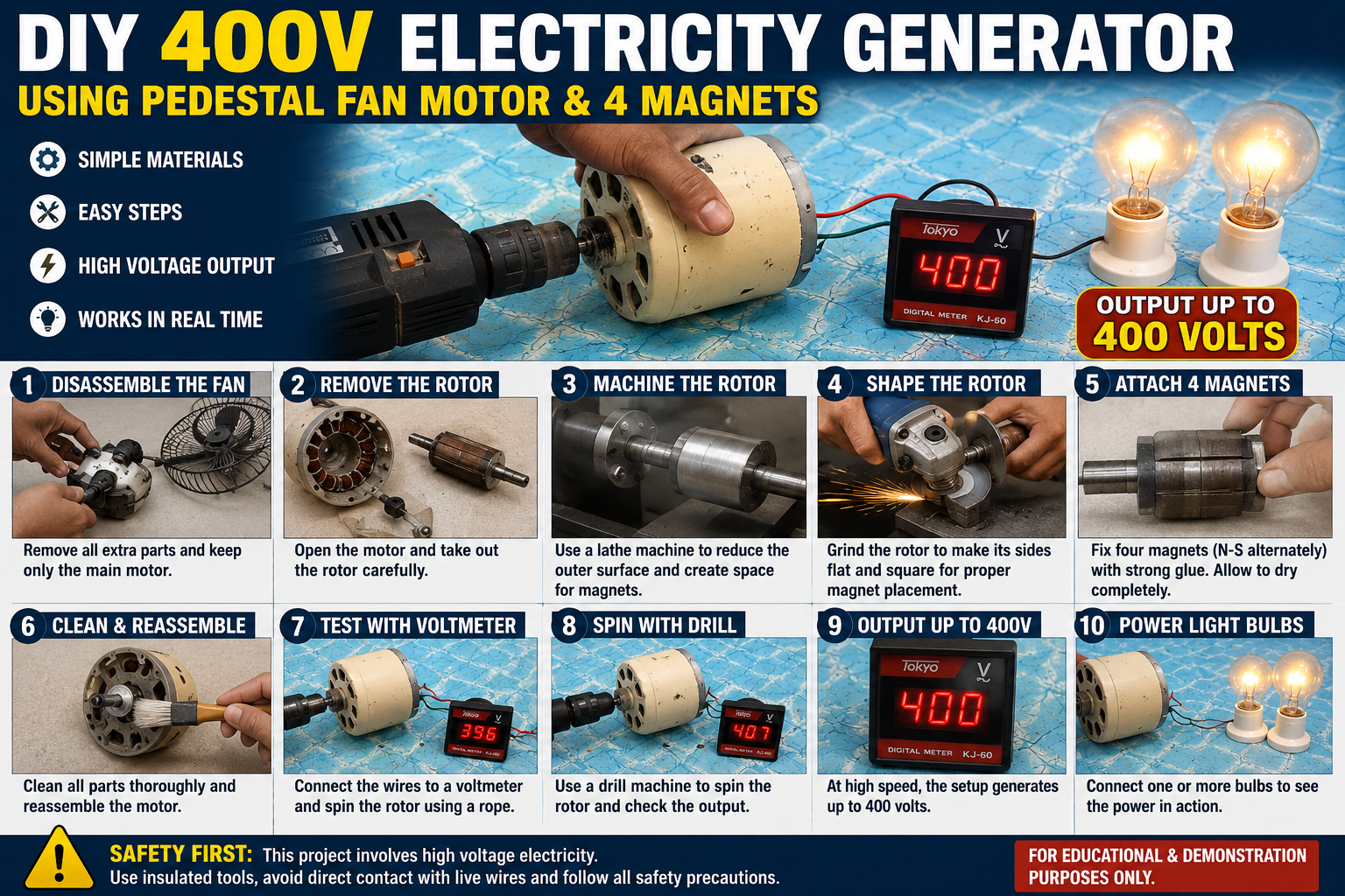 How to Make a 400V DIY Electricity Generator Using a Pedestal Fan and Magnets